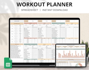 May include: A digital workout planner spreadsheet with a dashboard showing graphs and charts. The spreadsheet includes sections for overall weekly planning, muscle groups, and workout goals. The dashboard shows a bar graph, a pie chart, and a line graph.