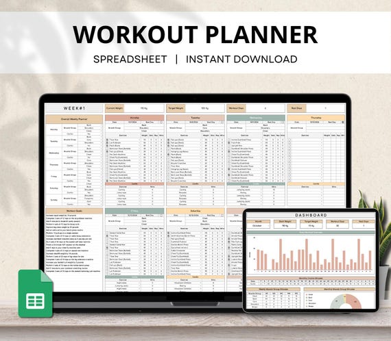 Workout Planner Google Sheets, Exercise Tracker, Weight Loss Tracker, Gym Checklist, Weightlifting Training Log, Fitness Tracker Spreadsheet