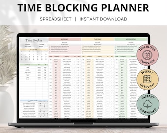 May include: A laptop displaying a time blocking planner spreadsheet. The screen shows a detailed schedule with columns for time, category, and activity. The text "TIME BLOCKING PLANNER" and "SPREADSHEET | INSTANT DOWNLOAD" are at the top.