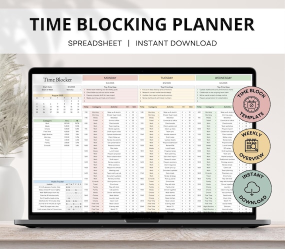Weekly Time Blocking Planner Spreadsheet, 24 Hour Weekly Time Schedule Template, ADHD Hourly Time Schedule, Week at a Glance Google Sheet