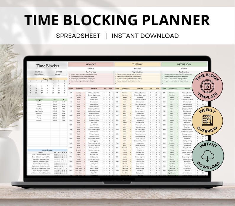 Weekly time blocking planner spreadsheet with 24-hour schedule. Google Sheets template for ADHD-friendly time management and productivity.