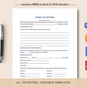 Puede incluir: Un documento titulado "Codicilo al Último Testamento" con campos rellenables, una lista de verificación y un bolígrafo. El documento incluye secciones para enmiendas, confirmación, firma y detalles de testigos. Formato A4.
