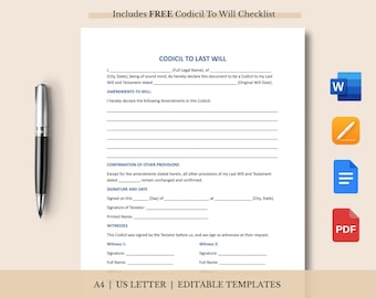 Editable Codicil to Will Template, One Page Will Codicil Form, Printable Last Will Testament Codicil Legal Contract, Simple Codicil Contract