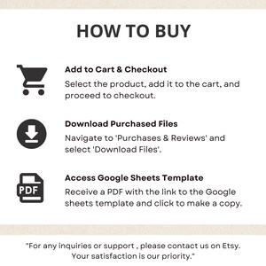 May include: A black and white illustration of a shopping cart, a download arrow, and a PDF document. The text "HOW TO BUY" is at the top of the image. The text below each icon explains how to purchase and download digital files.