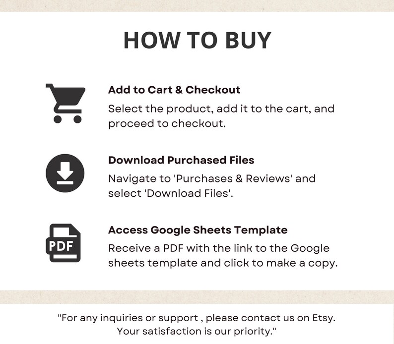 May include: A black and white illustration of a shopping cart, a download arrow, and a PDF document. The text "HOW TO BUY" is at the top of the image. The text below each icon explains how to purchase and download digital files.