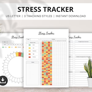 以下が含まれることがあります： 米国レターサイズの印刷可能なストレス追跡ページ3枚。最初のページには、ストレスレベルを追跡するための円グラフがあります。2番目のページには、ストレスレベルを毎日追跡するためのグリッドがあり、ストレスなし、低、中程度、高、極度のストレスの各レベルが色分けされています。3番目のページには、ストレスの多い出来事、考え、証拠、対処法について日記をつけるためのセクションがあります。