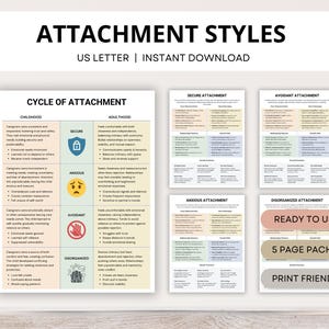 以下が含まれることがあります： 「愛着スタイル」と題されたデジタルプリントで、「US Letter | インスタントダウンロード」というテキストが入っています。この画像は、安全、不安、回避、無秩序など、愛着のスタイルを詳述したチャートを特徴としています。