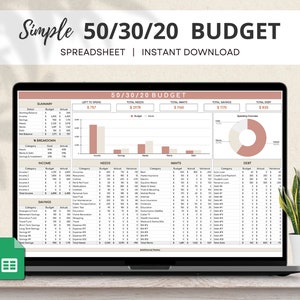 May include: A laptop screen displaying a 50/30/20 budget spreadsheet with a chart showing the breakdown of needs, wants, savings, and debt. The spreadsheet is titled "Simple 50/30/20 Budget" and includes a summary of income, expenses, and savings.