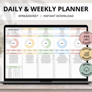 May include: A laptop displays a digital daily and weekly planner spreadsheet. The screen shows progress charts and action steps. The text on the screen reads "Daily & Weekly Planner" and "Instant Download."