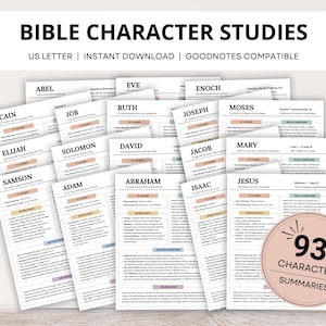 Op de afbeelding: Een verzameling afdrukbare Bijbelse karakterstudies, met samenvattingen van 93 karakters. De pagina's zijn wit met zwarte tekst en pastelkleurige accenten. De titel "BIBLE CHARACTER STUDIES" staat bovenaan. De afbeelding bevat namen als Jezus, Mozes en Adam.