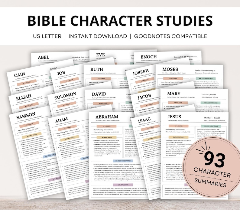 Bible Character Study Guide, Bible Study Notes, 93 Bible Character Summaries, Women of Faith, Old & New Testament Bible Study Planning Tool