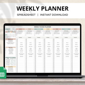 May include: A weekly planner spreadsheet on a laptop screen. The spreadsheet is divided into days of the week, with hourly time slots. The spreadsheet includes sections for top priorities, schedule, weekly tasks, and fun for next week. The spreadsheet is in a minimalist style with a light gray background and black text.