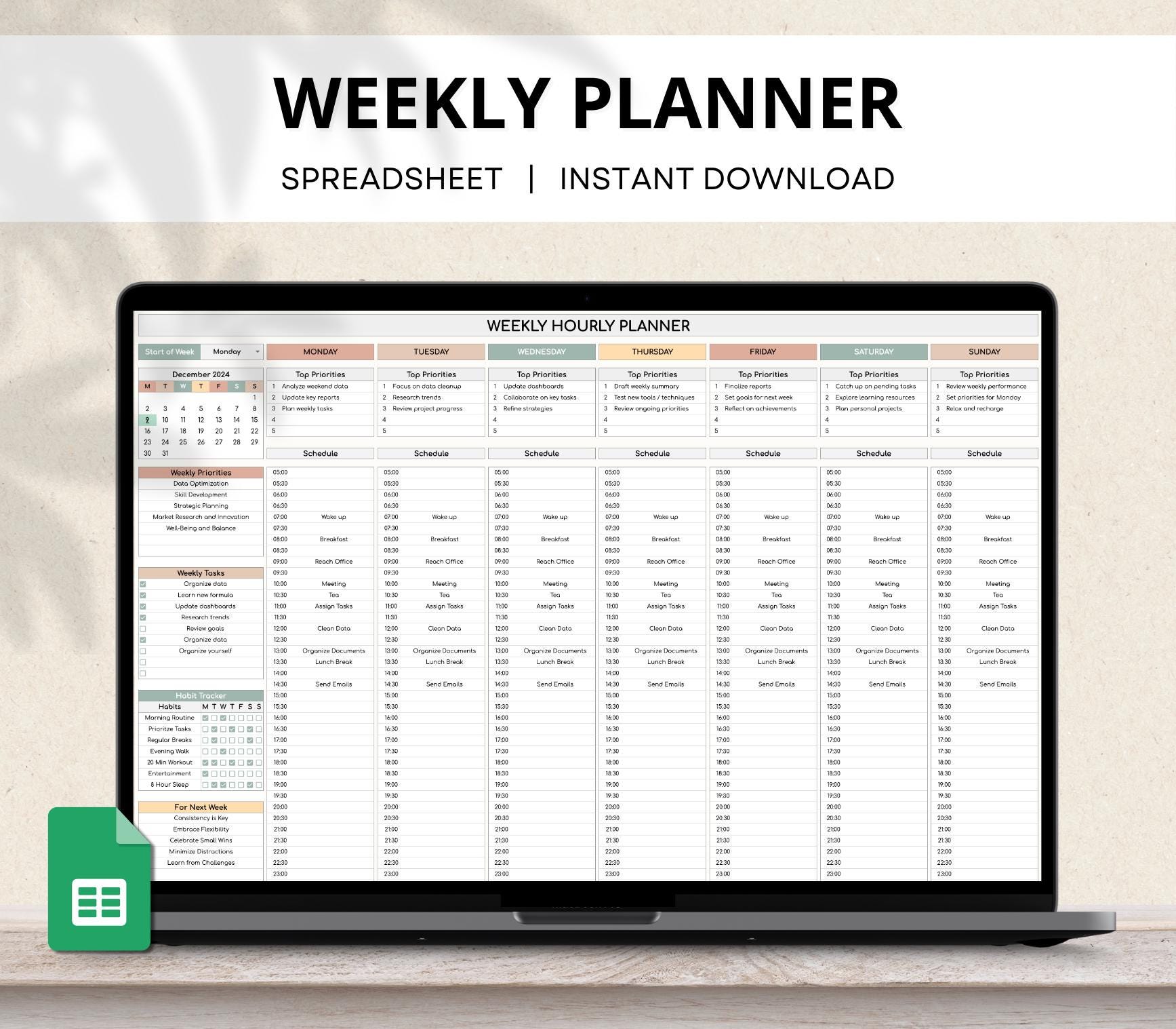 Weekly Hourly Planner Spreadsheet, Week at a Glance, Weekly Schedule ...