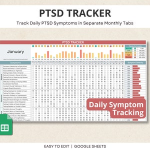 Puede incluir: Una hoja de c&aacute;lculo digital de seguimiento del TEPT, titulada "PTSD TRACKER". Est&aacute; dise&ntilde;ada para rastrear los s&iacute;ntomas diarios. La hoja de c&aacute;lculo incluye un dise&ntilde;o de calendario mensual y secciones para el seguimiento de la gravedad de los s&iacute;ntomas. El texto "Daily Symptom Tracking" tambi&eacute;n es visible.