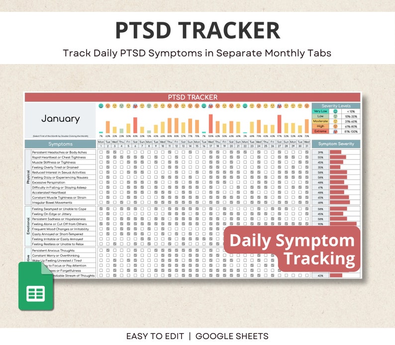 Puede incluir: Una hoja de c&aacute;lculo digital de seguimiento del TEPT, titulada "PTSD TRACKER". Est&aacute; dise&ntilde;ada para rastrear los s&iacute;ntomas diarios. La hoja de c&aacute;lculo incluye un dise&ntilde;o de calendario mensual y secciones para el seguimiento de la gravedad de los s&iacute;ntomas. El texto "Daily Symptom Tracking" tambi&eacute;n es visible.