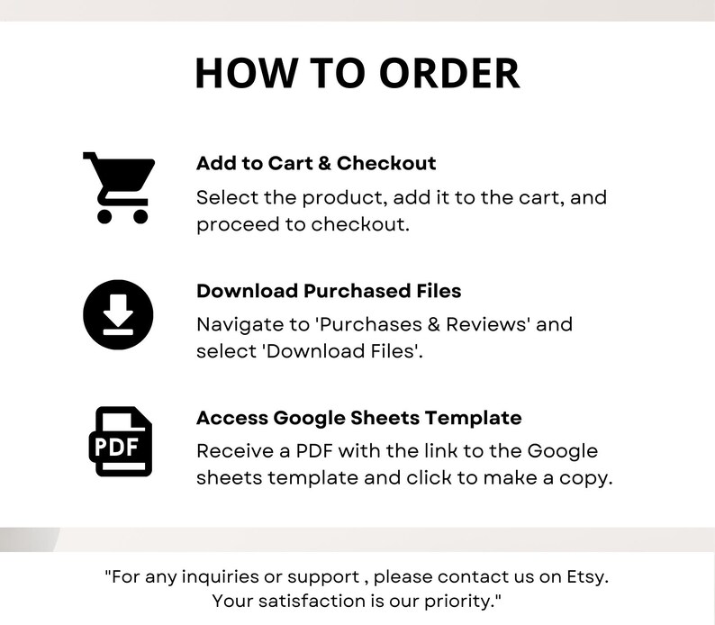 Puede incluir: Fondo blanco con el texto "HOW TO ORDER" en negrita negra. Las instrucciones incluyen agregar al carrito, descargar archivos y acceder a una plantilla de Google Sheets. El texto tambi&eacute;n incluye un mensaje de servicio al cliente.