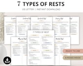 7 Types of Rest Self Care Worksheets, Mental Health Tool for Burnout Prevention, Self Help Stress Management Strategies, Therapy Worksheets