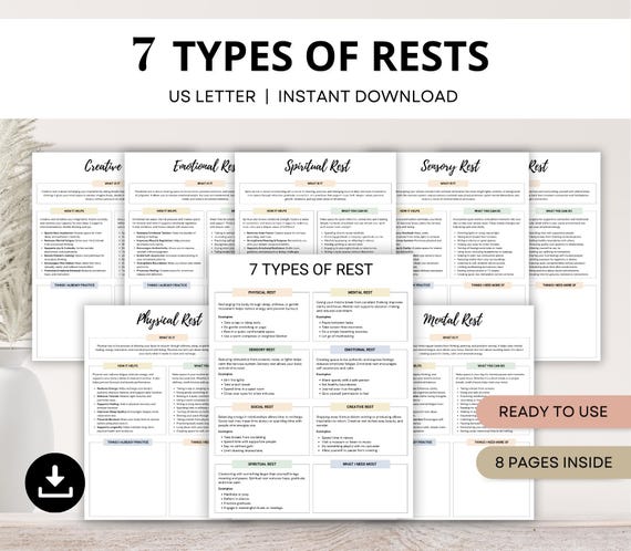 7 Types of Rest Self Care Worksheets, Mental Health Tool for Burnout Prevention, Self Help Stress Management Strategies, Therapy Worksheets