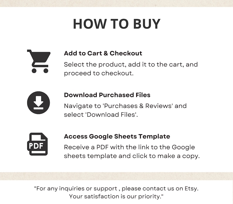 May include: A black and white illustration of a shopping cart, a download arrow, and a PDF document. The text "HOW TO BUY" is at the top of the image. The text below each icon explains how to purchase and download digital files.