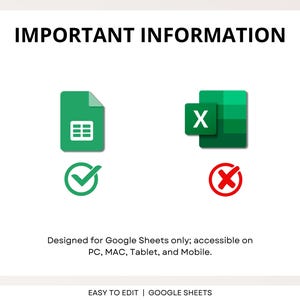 Puede incluir: Fondo blanco con el texto "IMPORTANT INFORMATION". La imagen incluye un icono de documento verde con una marca de verificaci&oacute;n y un icono de Excel verde con una X roja. El texto debajo dice "Designed for Google Sheets only; accessible on PC, MAC, Tablet, and Mobile."