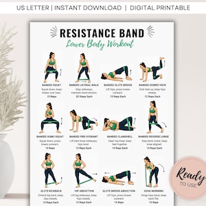 Op de afbeelding: Een digitale printbare trainingskaart getiteld Resistance Band Lower Body Workout, met twaalf illustraties van oefeningen inclusief instructies en herhalingsaantallen. De kaart bevat bewegingen zoals squats, glute bridges en lunges.