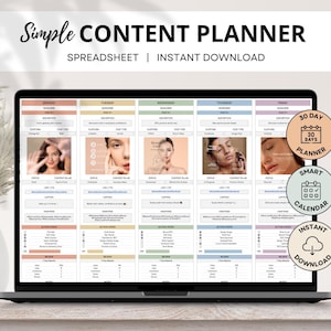 Peut inclure: Un écran d'ordinateur portable affichant une feuille de calcul Simple Content Planner. Le planificateur comprend des sections pour chaque jour de la semaine, avec des zones pour les idées de contenu, les détails de la plateforme et les étapes d'action. Des graphiques circulaires indiquent "30 Day Planner", "Smart Calendar" et "Instant Download".