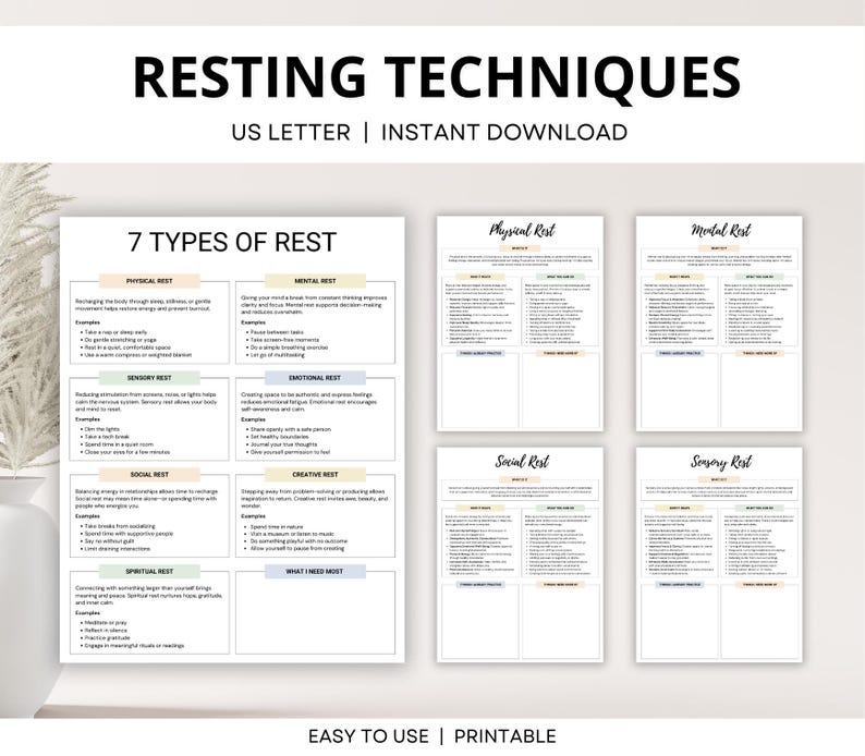 7 Types of Rest Self Care Worksheets, Mental Health Tool for Burnout Prevention, Self Help Stress Management Strategies, Therapy Worksheets