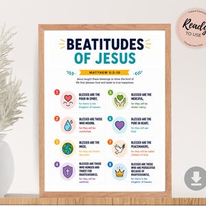 Może przedstawiać: Oprawiony wydruk ścienny zatytułowany BEATITUDES OF JESUS MATTHEW 5:3-10. Biały plakat zawiera osiem ponumerowanych sekcji z kolorowymi ikonami i tekstem opisującym błogosławieństwa, w tym frazy takie jak Blessed are the poor in spirit.