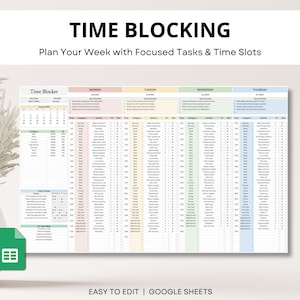 Weekly time blocking planner spreadsheet with 24-hour schedule. Google Sheets template for ADHD-friendly time management and productivity.