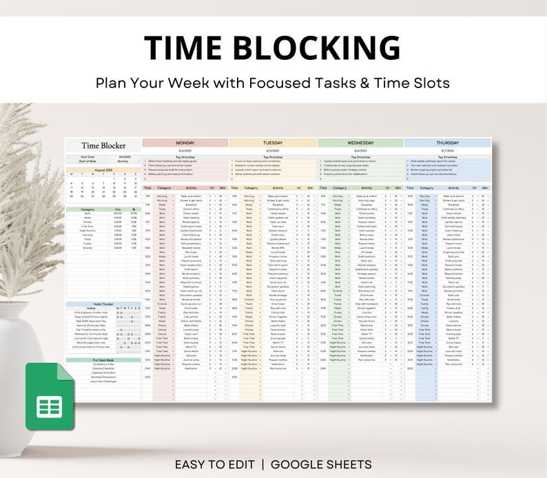 Weekly Time Blocking Planner Spreadsheet, 24 Hour Weekly Time Schedule ...
