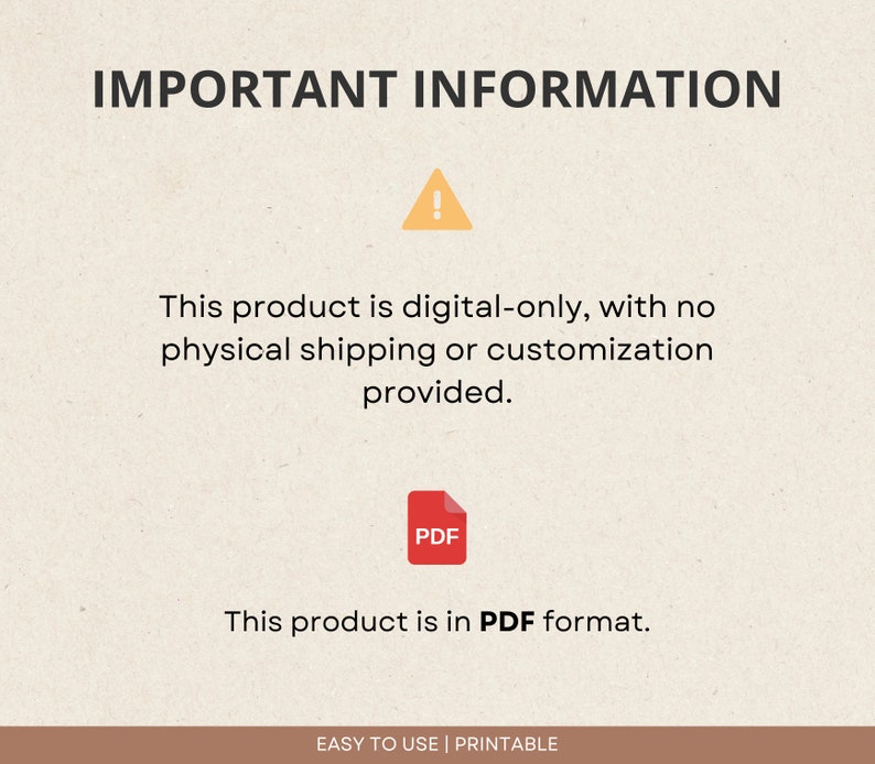 Puede incluir: Un gr&aacute;fico de informaci&oacute;n de producto digital con un signo de exclamaci&oacute;n amarillo y un icono PDF rojo. El texto dice "IMPORTANT INFORMATION" y "Este producto es solo digital, sin env&iacute;o f&iacute;sico ni personalizaci&oacute;n." y "Este producto est&aacute; en formato PDF."
