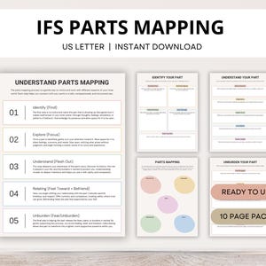 Puede incluir: Un conjunto de hojas de trabajo imprimibles para IFS Parts Mapping, con el texto "IFS PARTS MAPPING" y "US LETTER | INSTANT DOWNLOAD". Las páginas incluyen secciones para identificar, explorar y comprender las partes.