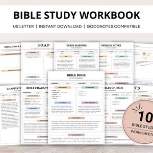 Puede incluir: Un cuaderno de trabajo digital para el estudio bíblico que incluye diez hojas con secciones para reflexión, mapeo de versículos, notas de sermones y estudios de personajes. Las páginas tienen encabezados en tonos pastel y campos de texto.
