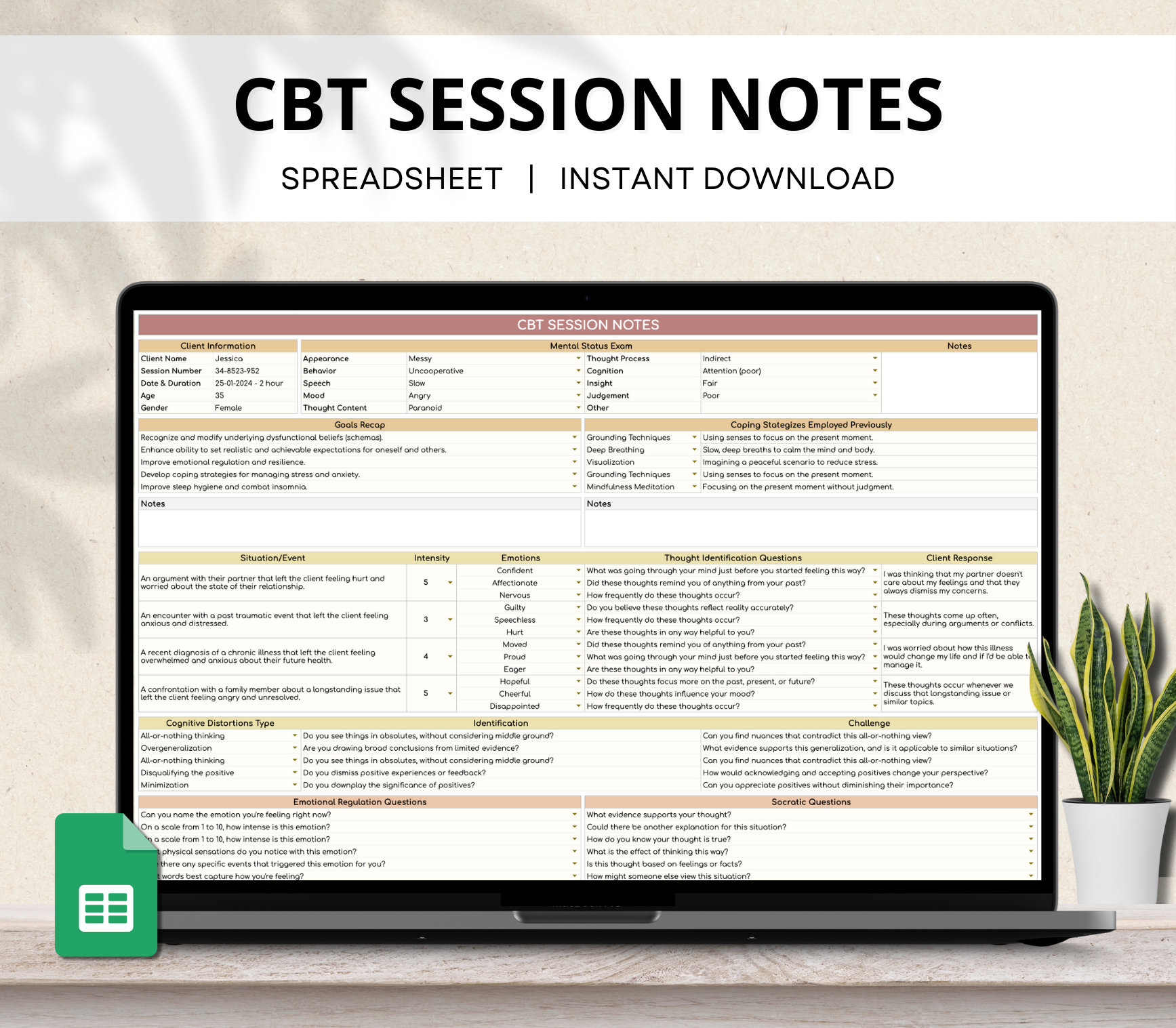 CBT Therapy Session Notes Template, Cognitive Behavioral