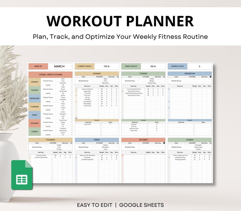Workout Planner Google Sheets, Exercise Tracker, Weight Loss Tracker, Gym Checklist, Weightlifting Training Log, Fitness Tracker Spreadsheet