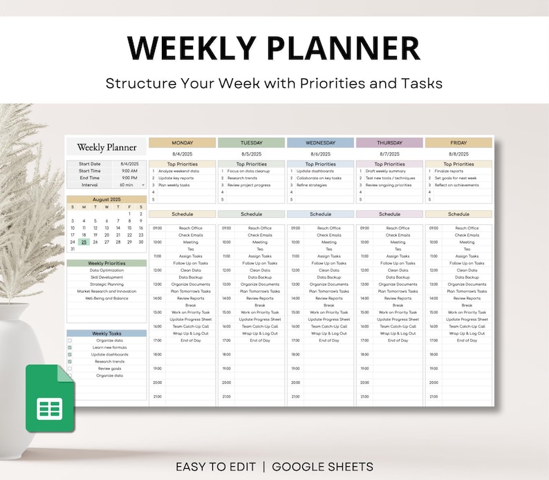 ADHD-friendly weekly time blocking planner and daily schedule tracker. Printable spreadsheet for organizing tasks and managing time.