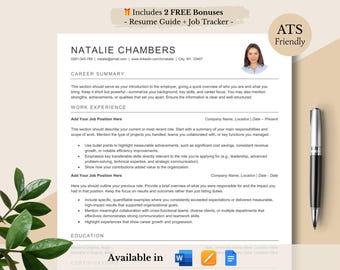 May include: A resume template with the name "Natalie Chambers" at the top. The resume includes sections for career summary, work experience, and education. The document is labeled "ATS Friendly" and includes a pen and a plant.