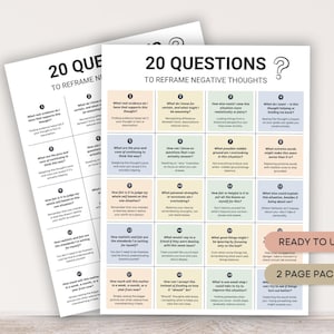 20 Questions To Reframe Negative Thoughts, Challenge Anxious Thoughts, Change Negative Beliefs, Avoid Negative Self Talk, Counseling Aid