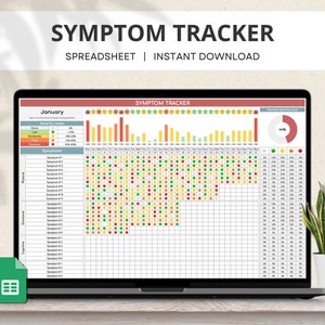 Symptoomtracker-spreadsheet, maandelijks symptoomdagboek, dagelijkse symptoomgrafiek, symptoomchecklist, medisch dagboek, Google-spreadsheets met ernst van symptomen
