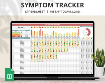 May include: A digital symptom tracker spreadsheet for January. The spreadsheet includes a severity level chart, a bar graph, and a grid for tracking symptoms. The grid includes a colour-coded system for tracking the severity of symptoms. The spreadsheet also includes a pie chart showing the monthly severity level.