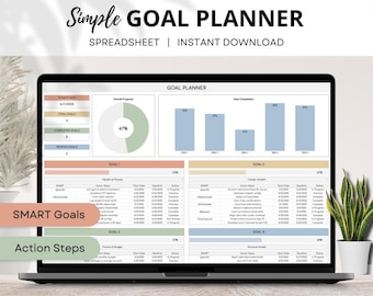 May include: A laptop screen displaying a goal planner spreadsheet with a light blue and green color scheme. The spreadsheet includes sections for goal completion, action steps, and SMART goals. The text "Simple GOAL PLANNER" is displayed at the top of the screen.