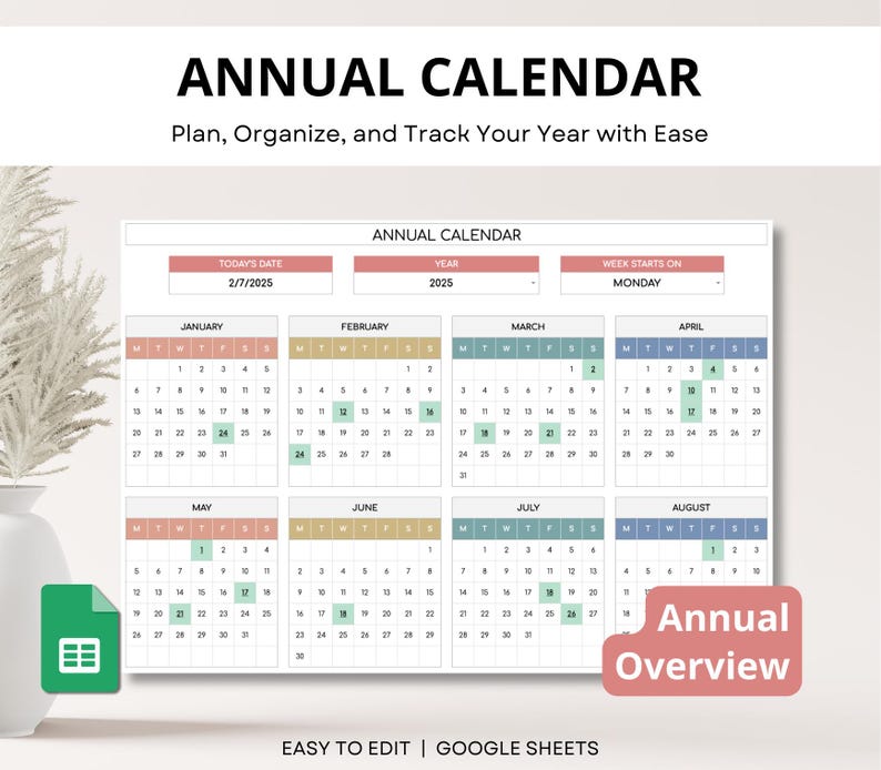 Smart Calendar Spreadsheet, Annual Calendar, Daily Schedule, Weekly Calendar, ADHD Friendly Monthly Planner, Monthly Calendar Google Sheets