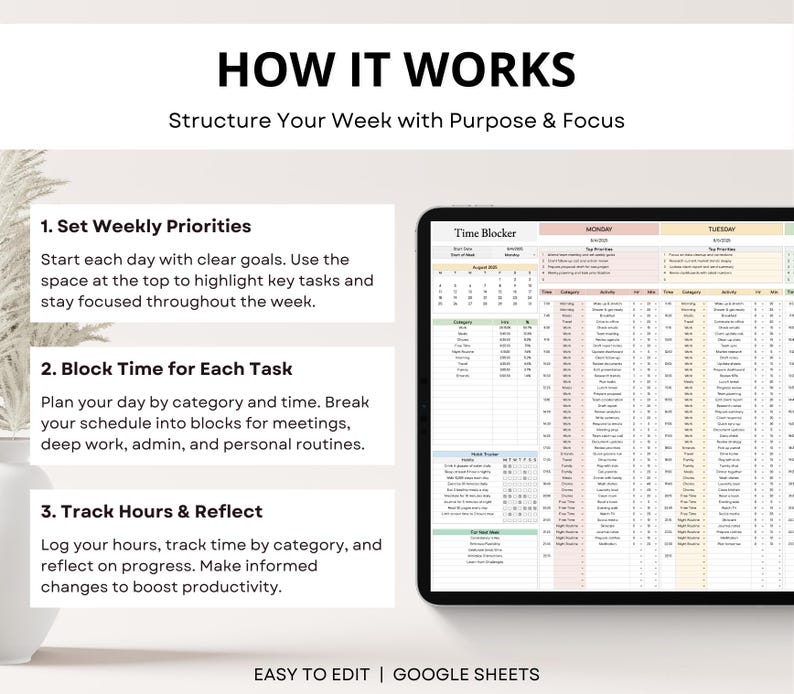 Weekly time blocking planner spreadsheet with 24-hour schedule. Google Sheets template for ADHD-friendly time management and productivity.
