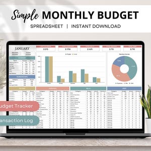 May include: A laptop screen displaying a monthly budget spreadsheet with a light blue and pink colour scheme. The spreadsheet includes sections for income, expenses, bills, and debt. The spreadsheet also includes a pie chart showing spending overview.