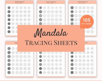 May include: Printable mandala tracing sheets with 105 patterns. Each sheet has a grid of 6 rows and 7 columns of mandalas. The mandalas are black and white and have a variety of designs. The text "Mandala Tracing Sheets" is in a large font at the top of the image. The text "EASY TO USE | PRINTABLE | US LETTER | INSTANT DOWNLOAD" is at the bottom of the image.