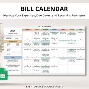 Smart bill tracker spreadsheet in Google Sheets. Monthly bill organizer and payment planner with calendar view for personal finance management.