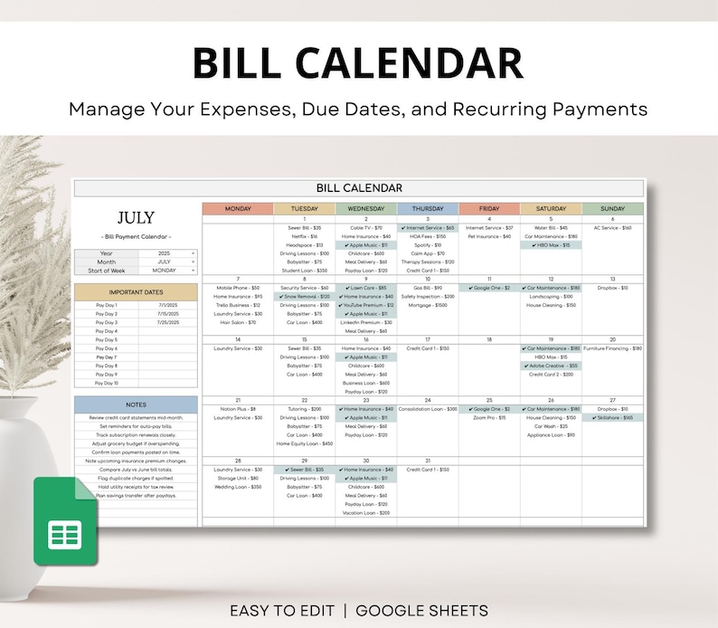 Smart bill tracker spreadsheet in Google Sheets. Monthly bill organizer and payment planner with calendar view for personal finance management.