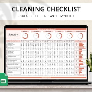 Cleaning Tracker Google Spreadsheet, Dagelijkse schoonmaakchecklist, Maandelijks ADHD-schoonmaakplan, Wekelijks schoonmaakschema, Maandelijks schoonmaakspreadsheet
