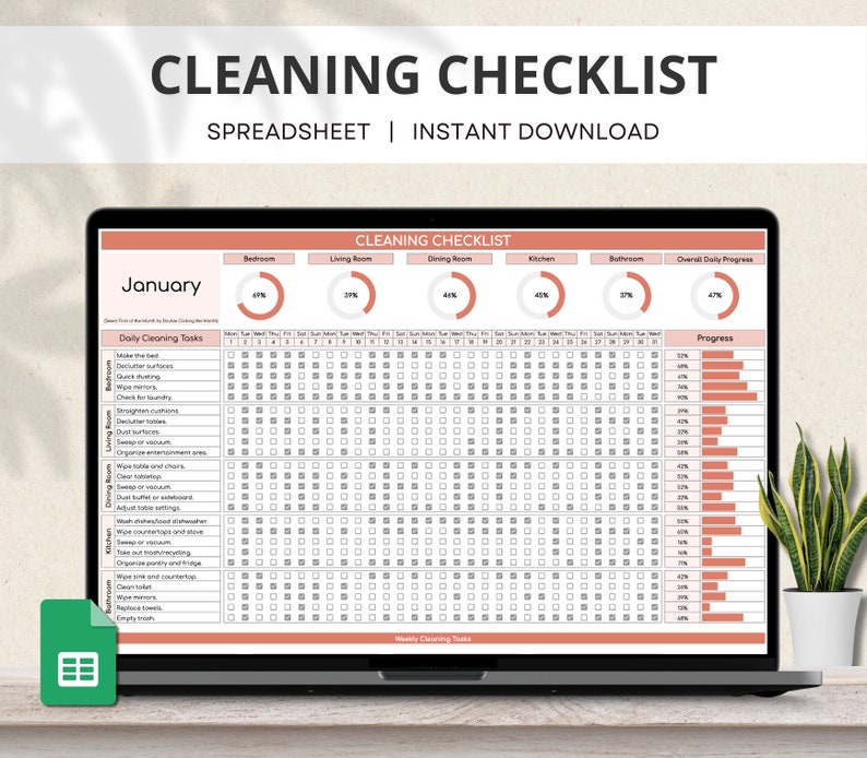 Cleaning Tracker Google Sheet, Daily Cleaning Checklist, Monthly ADHD Cleaning Plan, Weekly Cleaning Schedule, Monthly Cleaning Spreadsheet