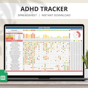 Pode incluir: Uma planilha digital para rastrear os sintomas de TDAH. A planilha é intitulada "ADHD Tracker" e inclui um calendário para janeiro com um rastreador de nível de gravidade. A planilha também inclui uma lista de sintomas comuns de TDAH.